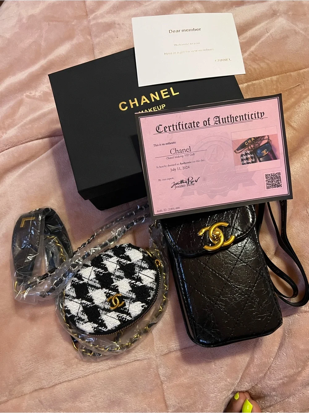 Chanel Black Quilted Leather Phone Pouch with Houndstooth Coin Case with COA